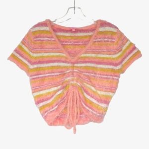 Sugar Thrillz - Women's Pink Yellow "Talk All You Want" Fuzzy Crop Top Size L